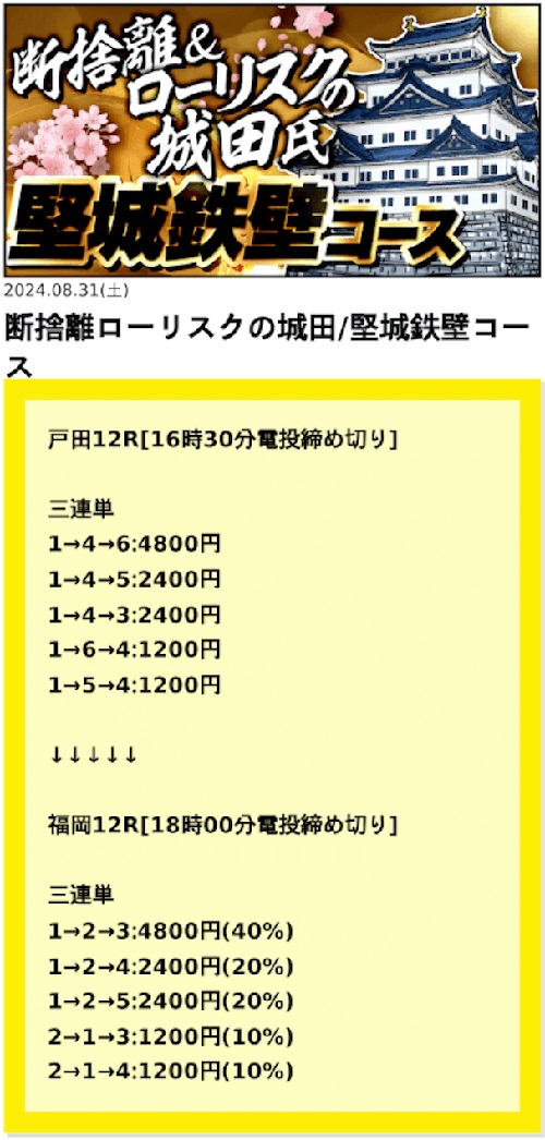 競艇サンダーバード 2025年8月31日 戸田12R福岡12R 有料予想の買い目