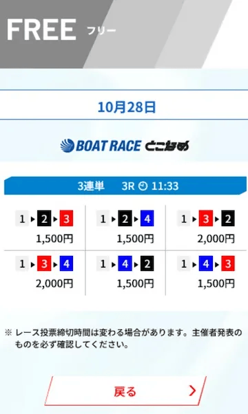 競艇ラッシュ 2024年10月28日 常滑3レース 無料予想の買い目
